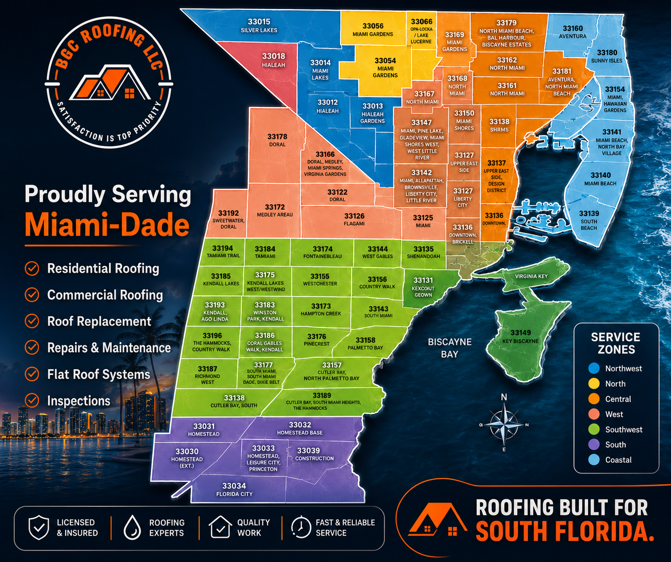 BGC Roofing Miami-Dade service area map